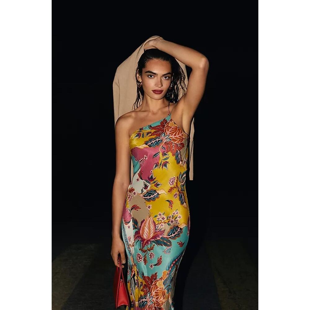 Anthropologie Bl-nk One-Shoulder Tropical Paisley Boho Midi Slip Dress Size 4